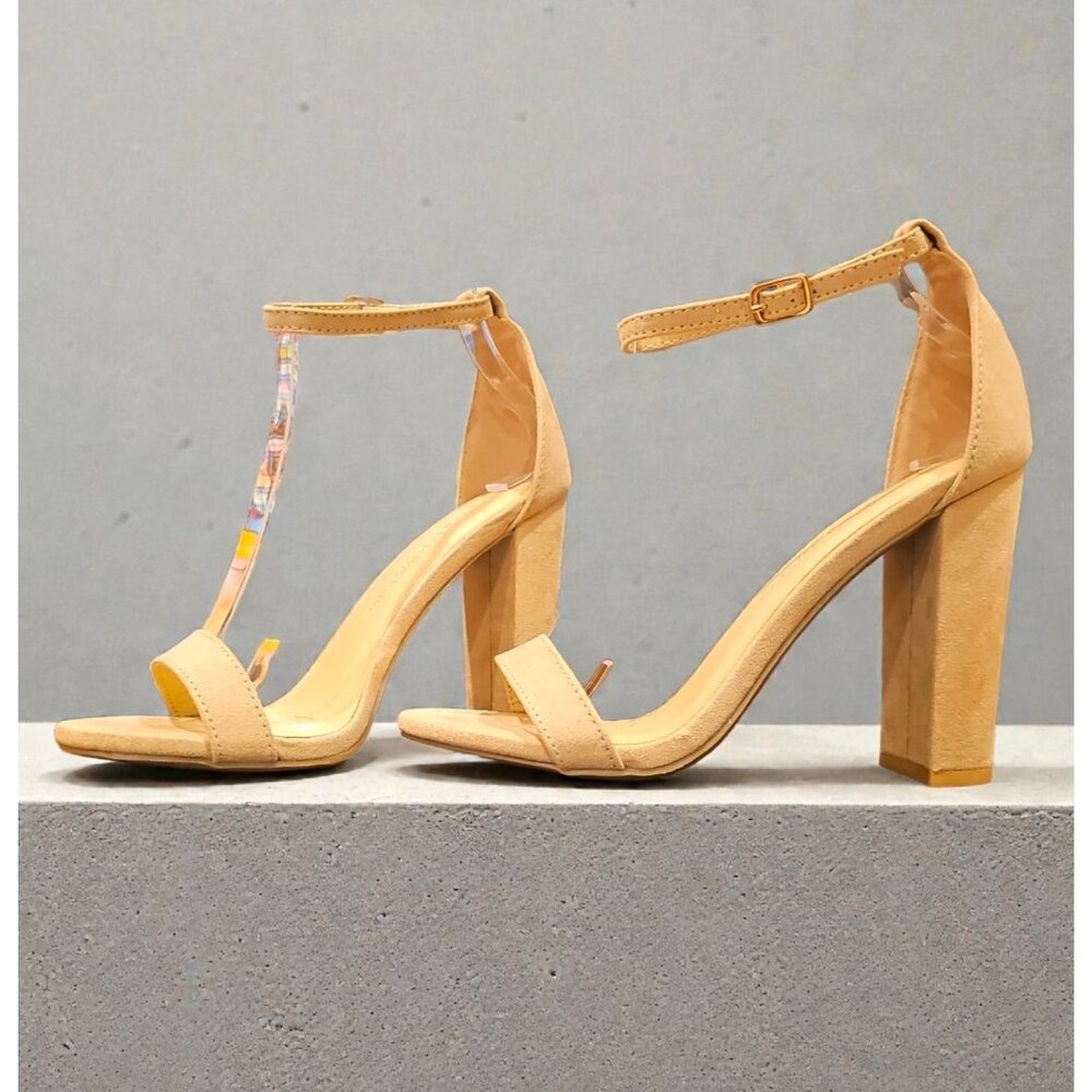 Chunky Block Heel Sandals With Strap In Faux Soft Natural Suede - Picture 5 of 7